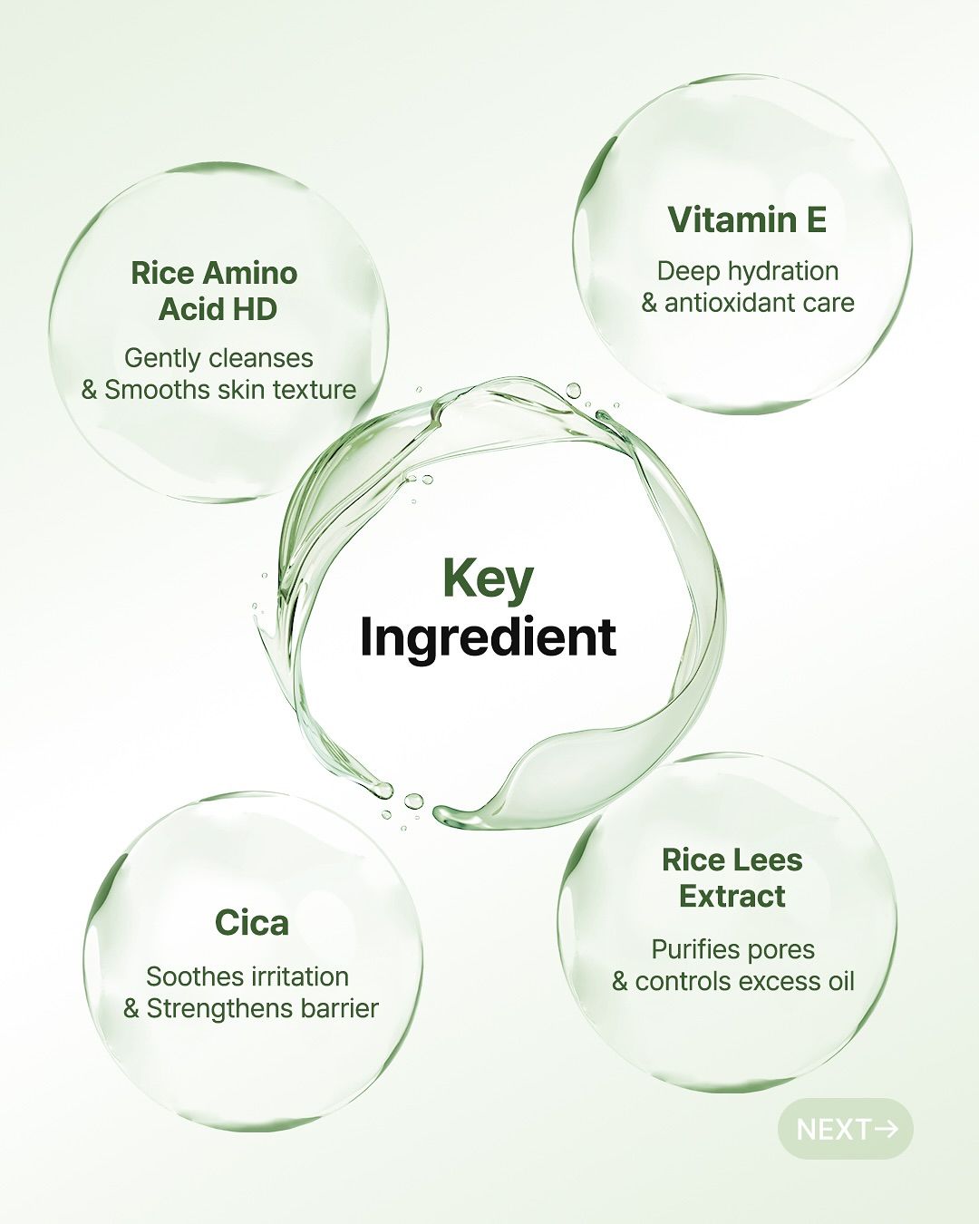 Grafik mit Schlüsselzutaten: Reis Aminosäure HD, Vitamin E, Cica, Reis Kleie Extrakt.