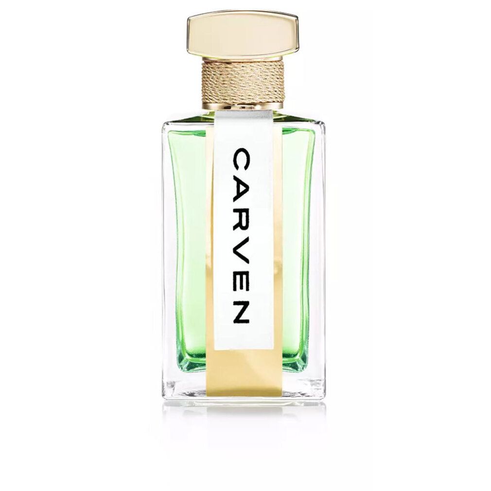 Glasflakon mit goldfarbenem Verschluss und weißem Etikett mit dem Wort CARVEN. Grüne Flüssigkeit sichtbar.