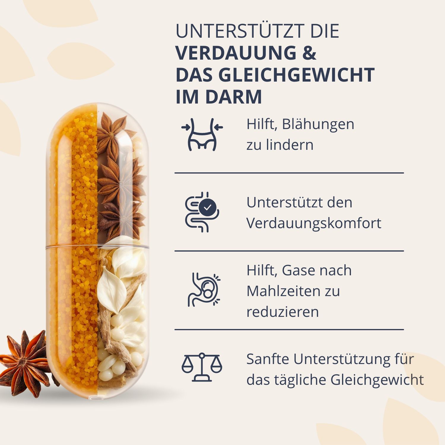 Flasche Golden Tree Gut Relief Kapseln, 60 Stück, 29g. Mit Sternanis und Blättern.