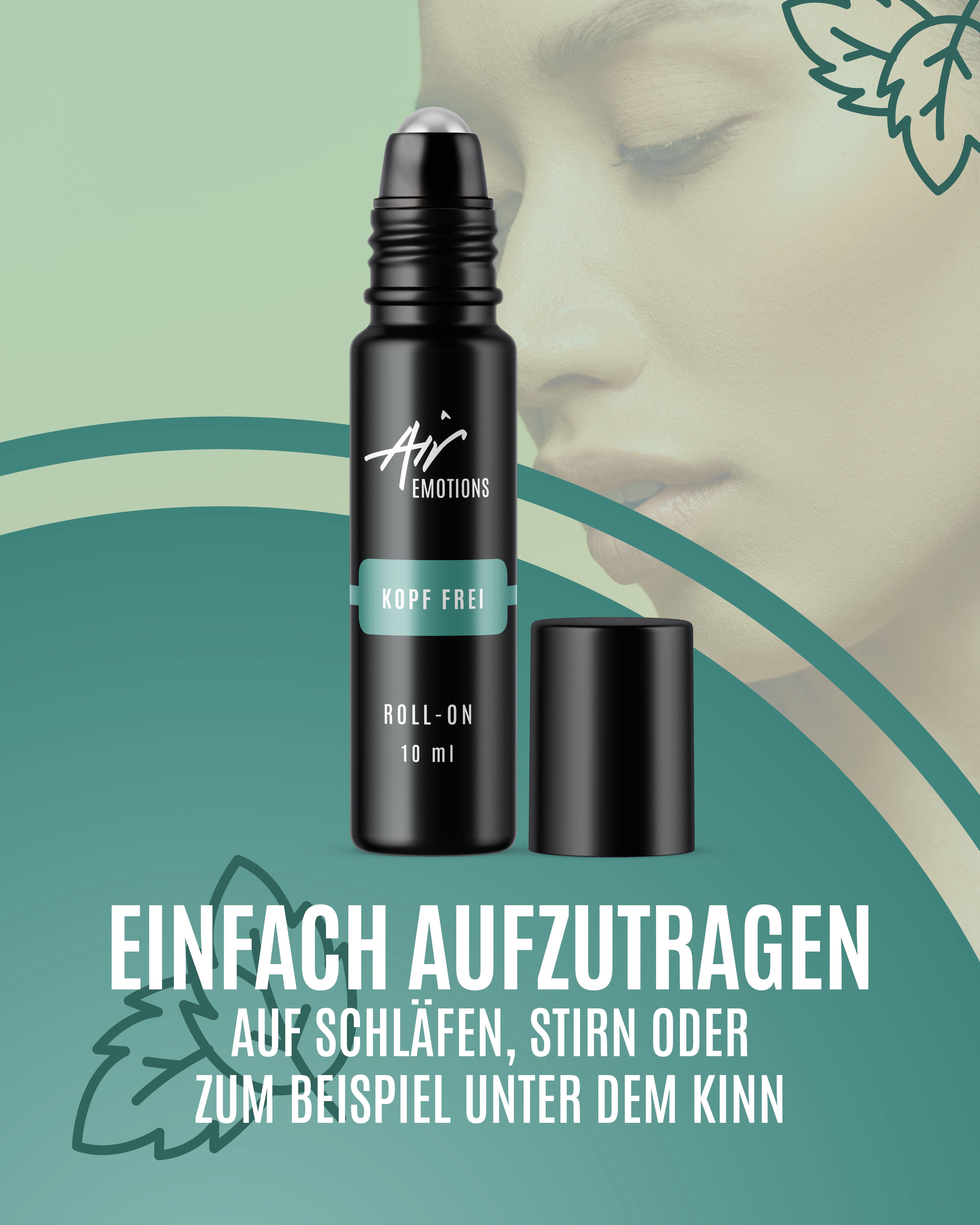 Schwarze Roll-On-Flasche mit "Kopf frei"-Etikett und Kappe. Text: "Air Emotions", "10 ml", und "Einfach aufzutragen".