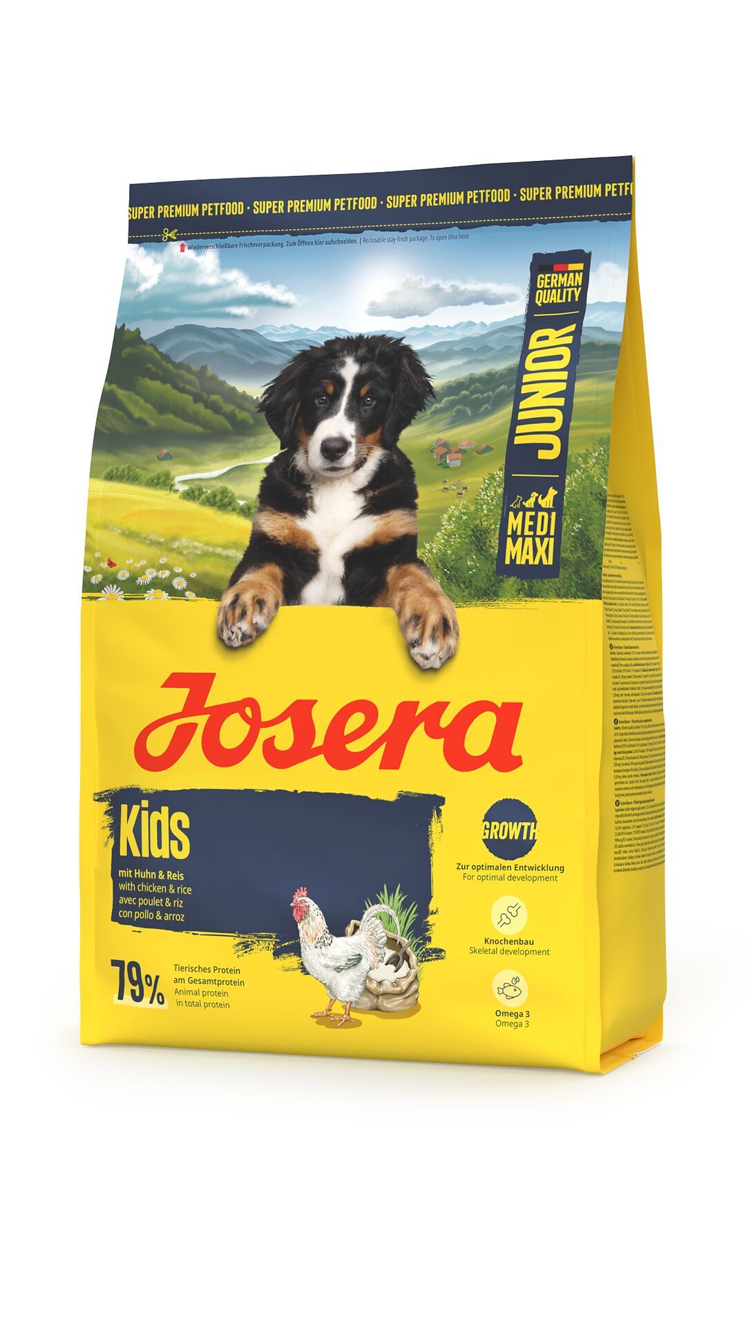 Gelber Futterbeutel mit Aufdruck. Junghund auf dem Beutel. Schriftzug JOSERA Kids. Text: mit Huhn & Reis.
