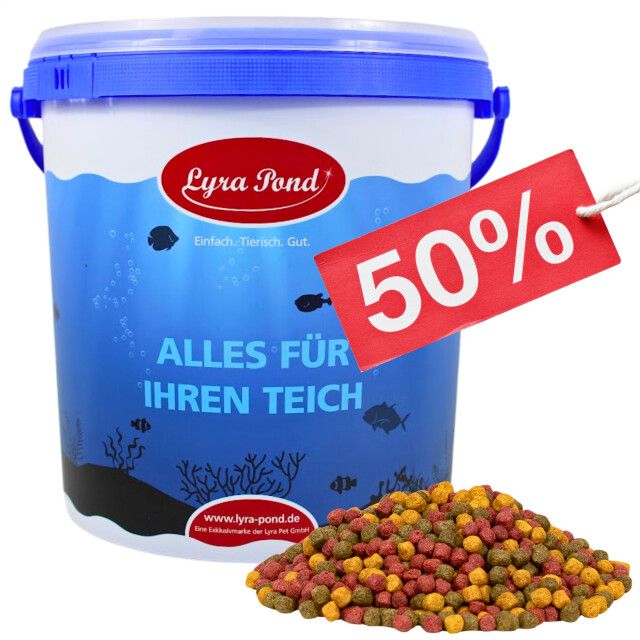 Eimer mit Lyra Pond® Allround Mix, blauem Deckel und rotem Etikett mit 50% Rabatt. Aufschrift: Alles für Ihren Teich.
