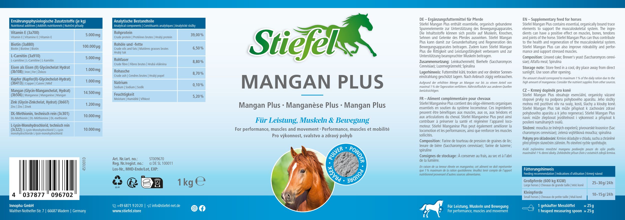 Etikett mit Text und Tabellen. Produktname: Stiefel Mangan Plus. Pferdekopf-Illustration. Text in Deutsch und Englisch.