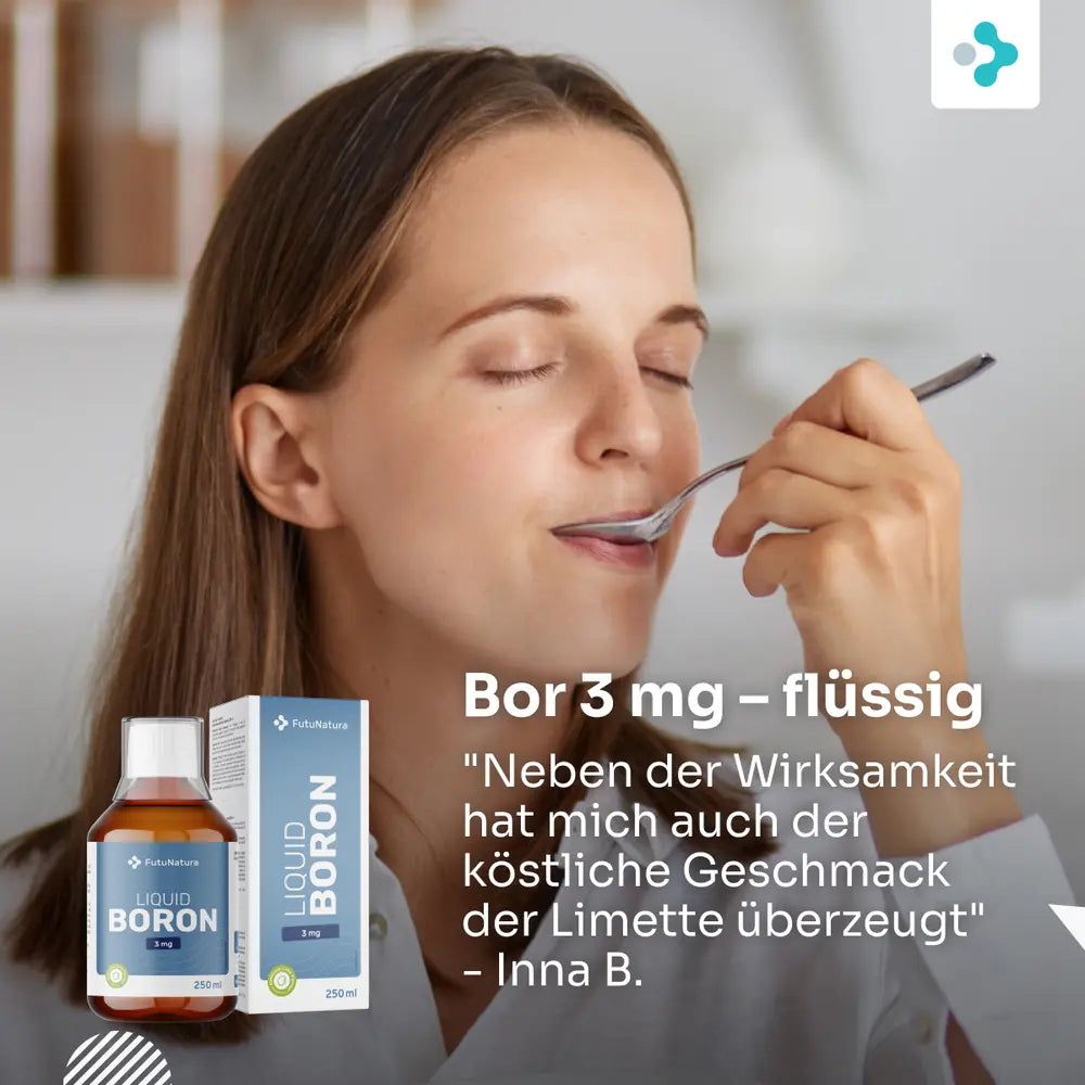 Frau nimmt Löffel mit FutuNatura Liquid Boron 3 mg, 250 ml.
