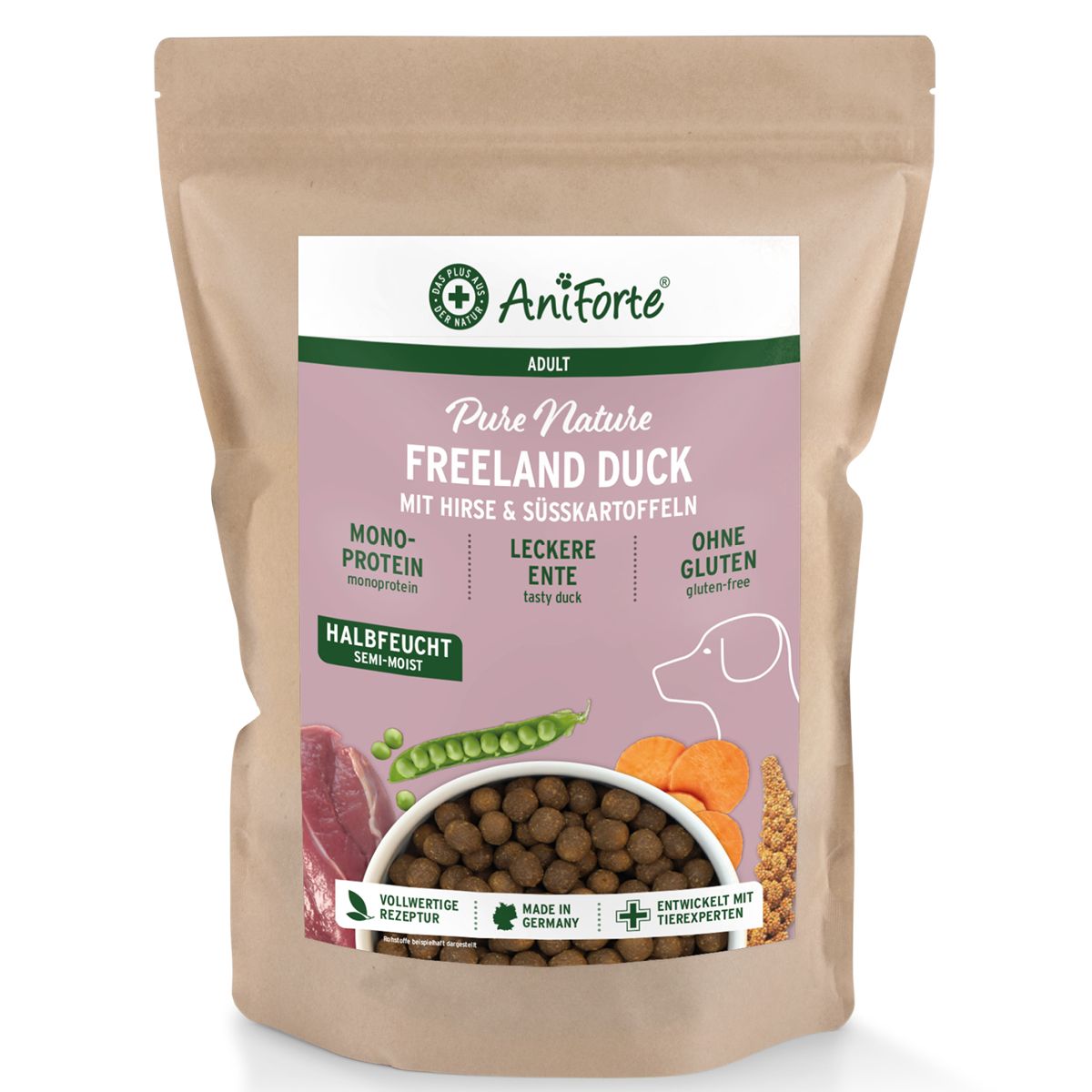 Beutel mit Trockenfutter. Aufdruck: AniForte, Freeland Duck, mit Hirse & Süßkartoffeln. Mono-Protein, leckere Ente, glutenfrei. Halbfeucht.