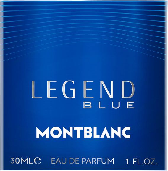 Blaue Schachtel. Aufschrift: LEGEND BLUE, MONTBLANC, 30ml Eau de Parfum, 1 Fl.oz.