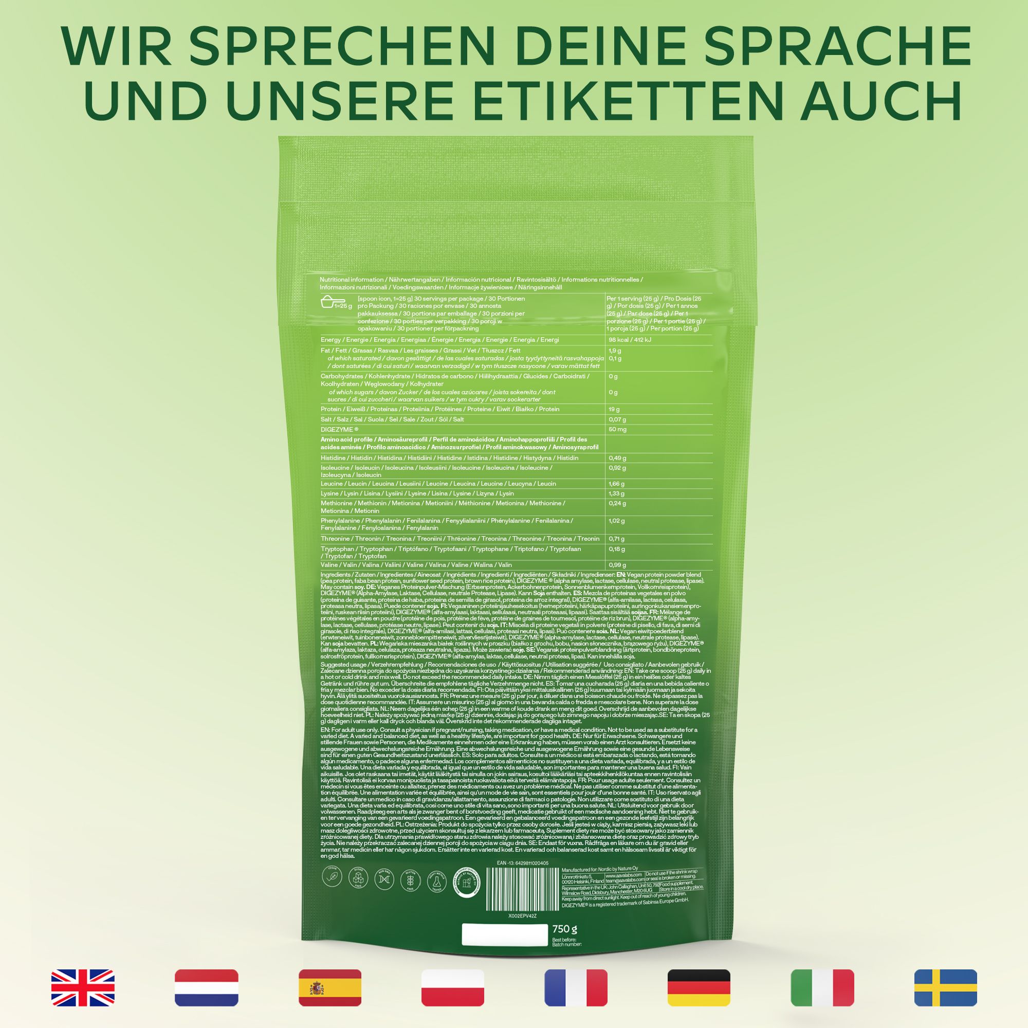 Rückseite der Verpackung von Aavalabs Vegan Protein Powder. Nährwertangaben, Zutaten, verschiedene Flaggen.
