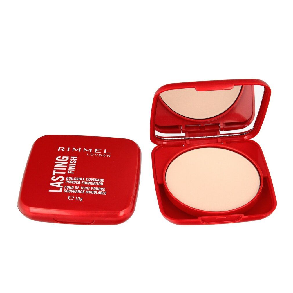 Roter Kompaktpuder, geöffnet. Spiegel, Puder und Applikator sichtbar. Text: Rimmel London Lasting Finish, 10g.