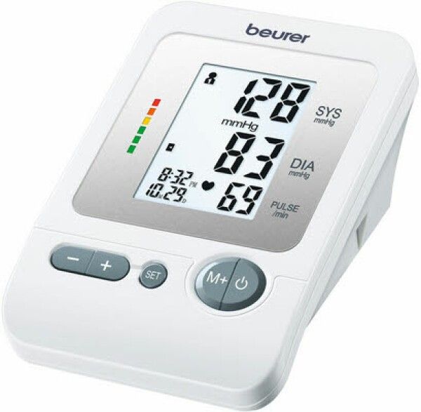 Blutdruckmessgerät mit Display. Anzeige von SYS, DIA und Puls. Weißes Gehäuse mit grauen Knöpfen. Marke 'beurer' oben.