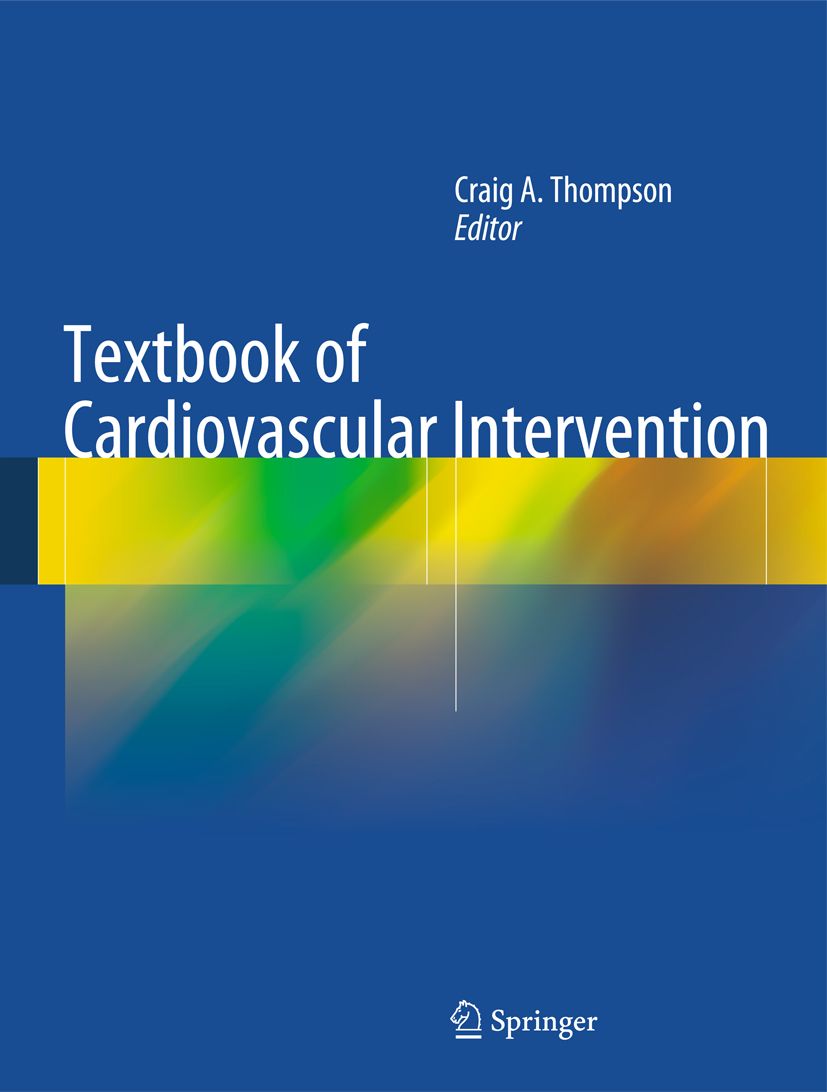 Buchcover: "Textbook of Cardiovascular Intervention". Autor: Craig A. Thompson. Verlag: Springer. Blauer Hintergrund mit gelbem Streifen.