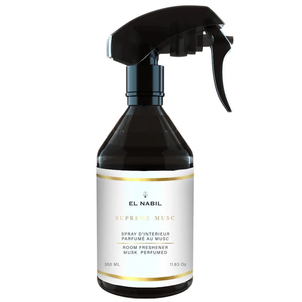 Dunkle Flasche mit Sprühkopf. Etikett mit goldfarbenen Akzenten und Text: EL NABIL, SUPREME MUSC, Raumduft. 350 ml.