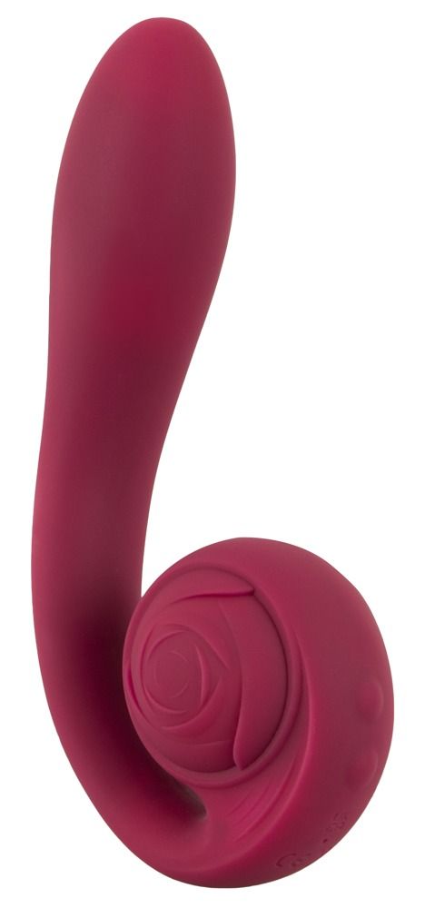 Rosa Vibrator mit spiralförmigem Kopf und gebogenem Schaft.