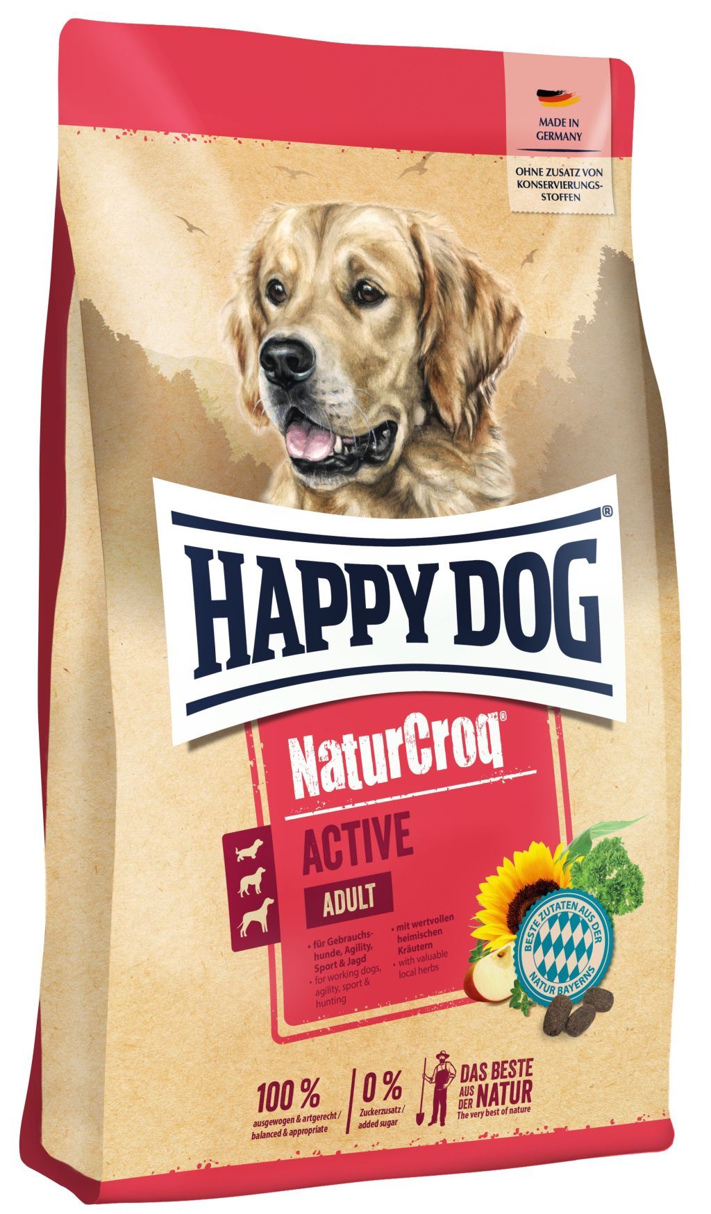 Beutel mit Hundefutter. Aufdruck: HAPPY DOG NaturCroq ACTIVE ADULT. Mit Abbildung eines Hundes. Hergestellt in Deutschland.