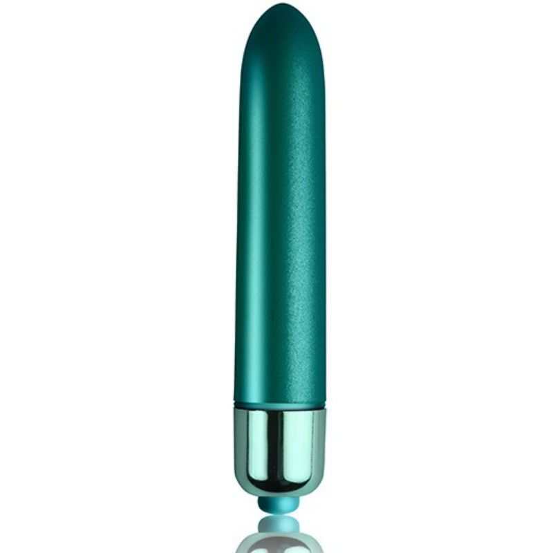 Türkisfarbener Vibrator. Zylindrische Form mit abgerundeter Spitze und Metallbasis. Spiegelung.