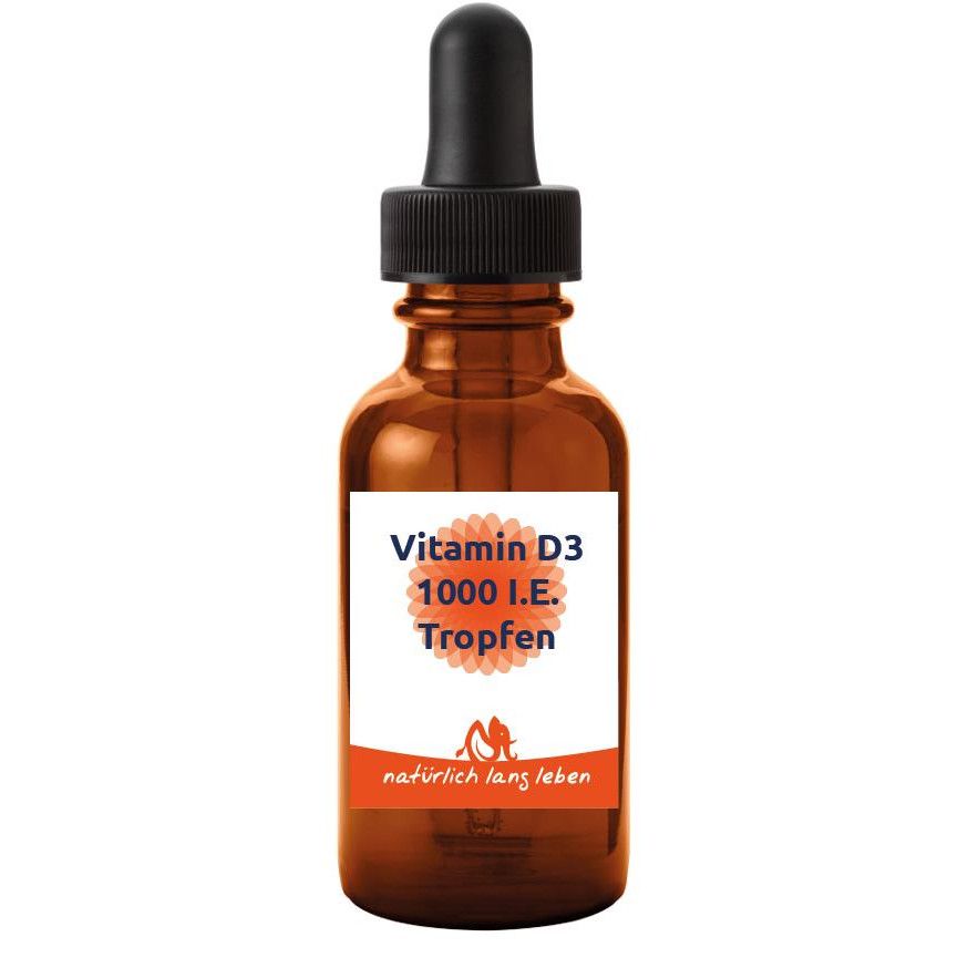 Braune Glasflasche mit schwarzem Tropfer. Etikett mit "Vitamin D3 1000 I.E. Tropfen" und Logo.