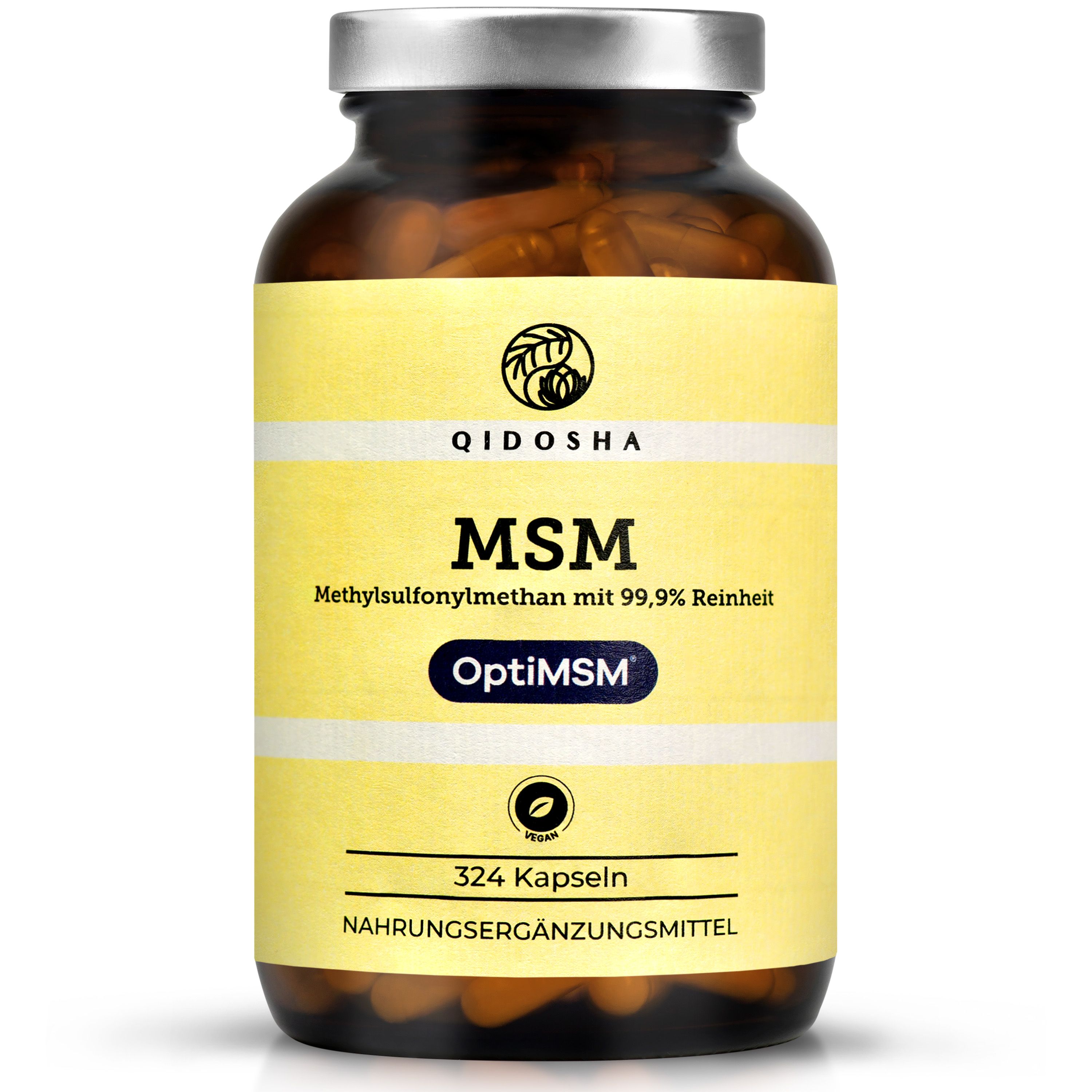 Braune Glasflasche mit gelbem Etikett. Aufschrift: QIDOSHA, MSM, OptiMSM®, 324 Kapseln. Nahrungsergänzungsmittel.