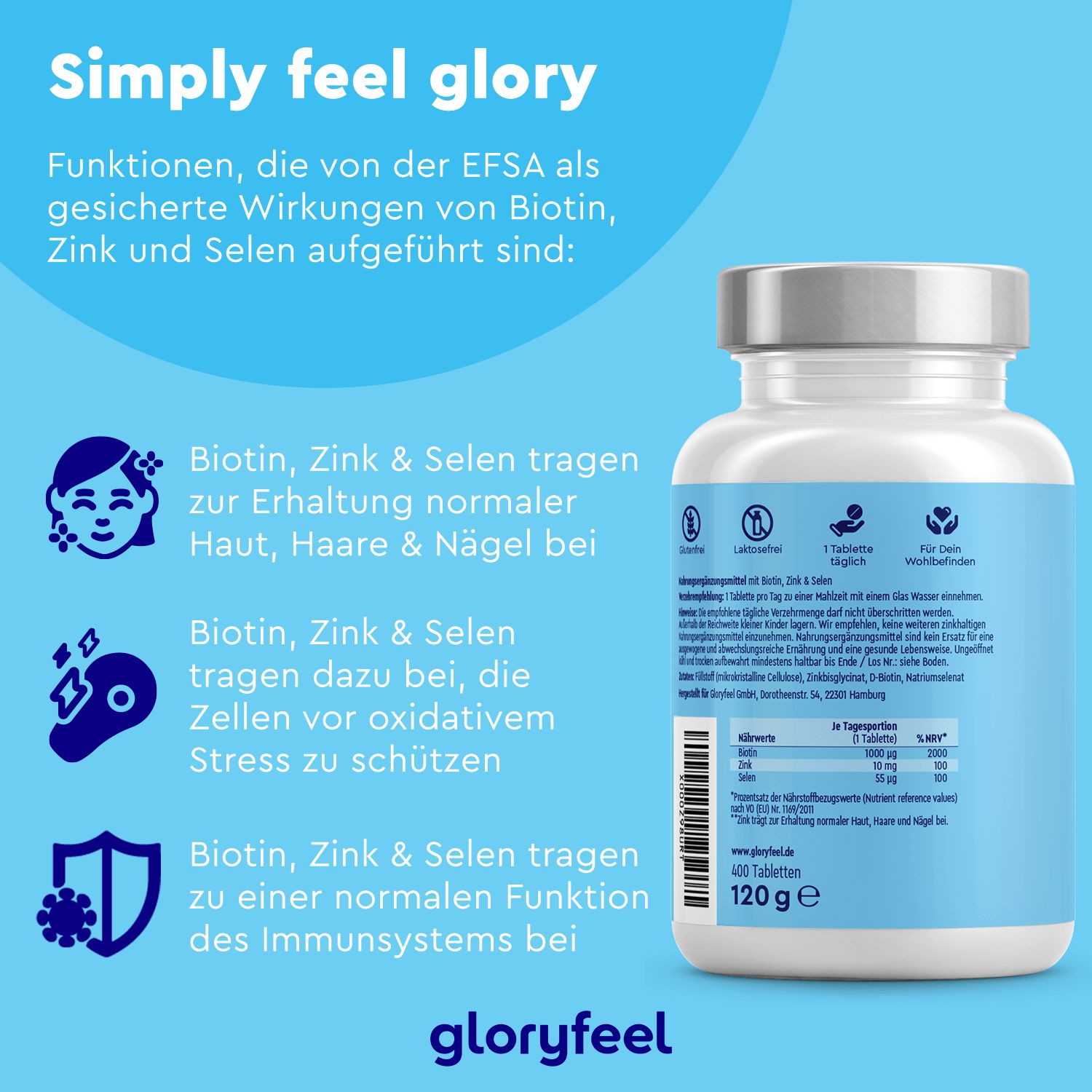 Produktflasche und Icons. Aufschrift: Biotin + Zink + Selen. Icons: vegan, ohne Gelatine, Gluten, Laktose, Gentechnik, Zucker, Farbstoffe, Aromen.