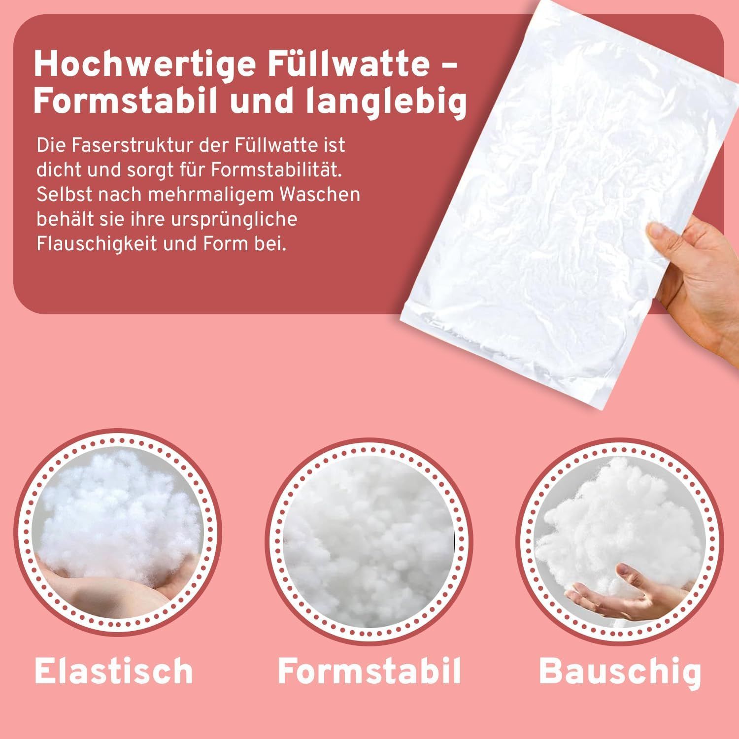 Nahaufnahme von weißer Füllwatte. Text: Hochwertige Füllwatte - Formstabil und langlebig. Bilder: Elastisch, Formstabil, Bauschig.