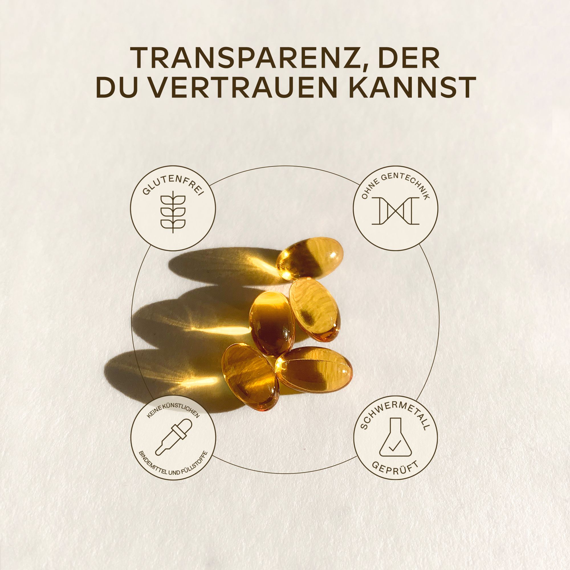 Vitamin D3-Kapseln und Symbole. Glutenfrei, ohne Gentechnik, keine Schwermetalle, geprüft.