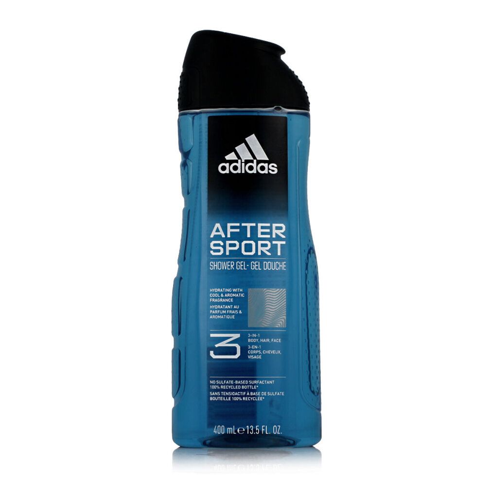 Blaues Duschgel mit schwarzem Deckel. Adidas-Logo und Schriftzug "AFTER SPORT" sichtbar. Produktbezeichnung und 3-in-1-Funktion.