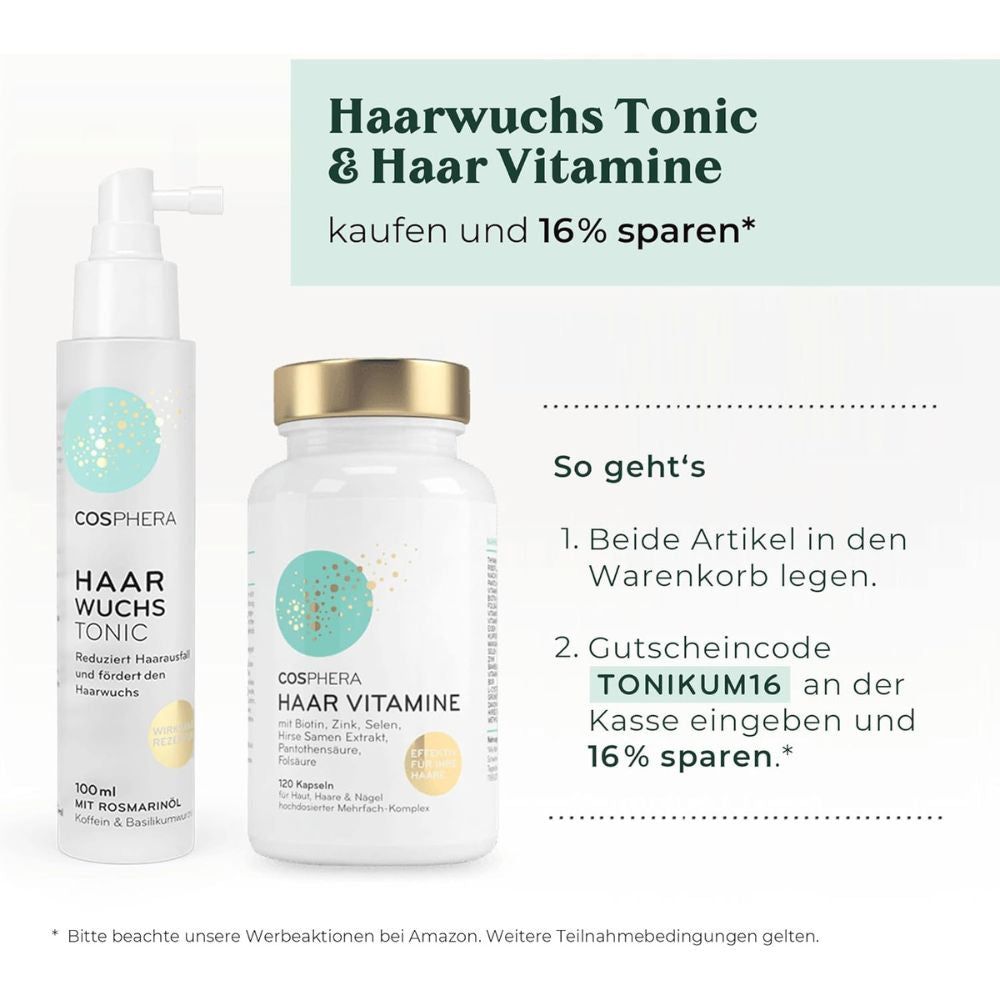 Cosphera Haar Vitamine und Haarwuchs Tonic. Flasche und Kapseln. Text: Kaufen und 16% sparen. Gutscheincode: TONIKUM16.
