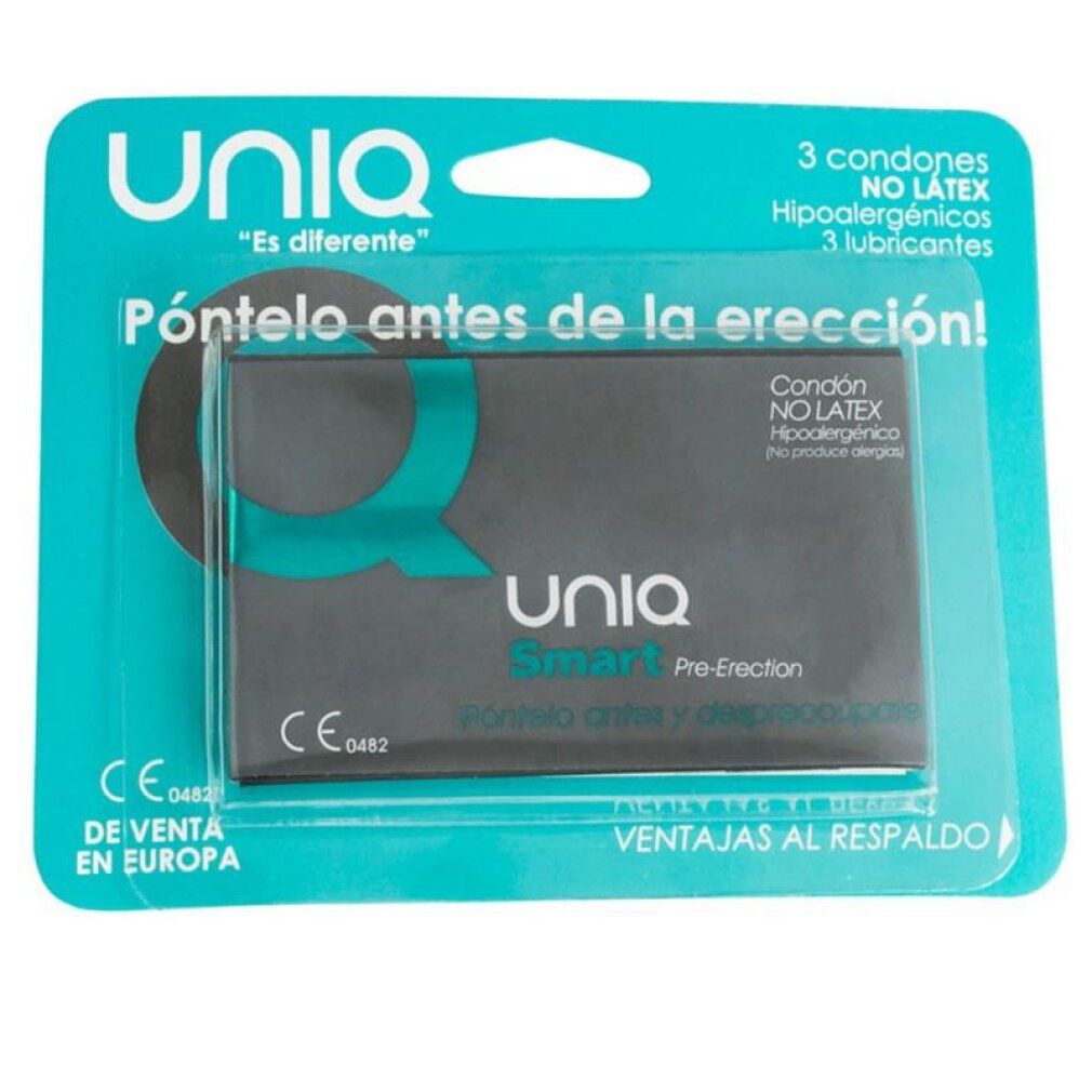 Verpackung mit 3 UNIQ Smart Kondomen, latexfrei, hypoallergen.