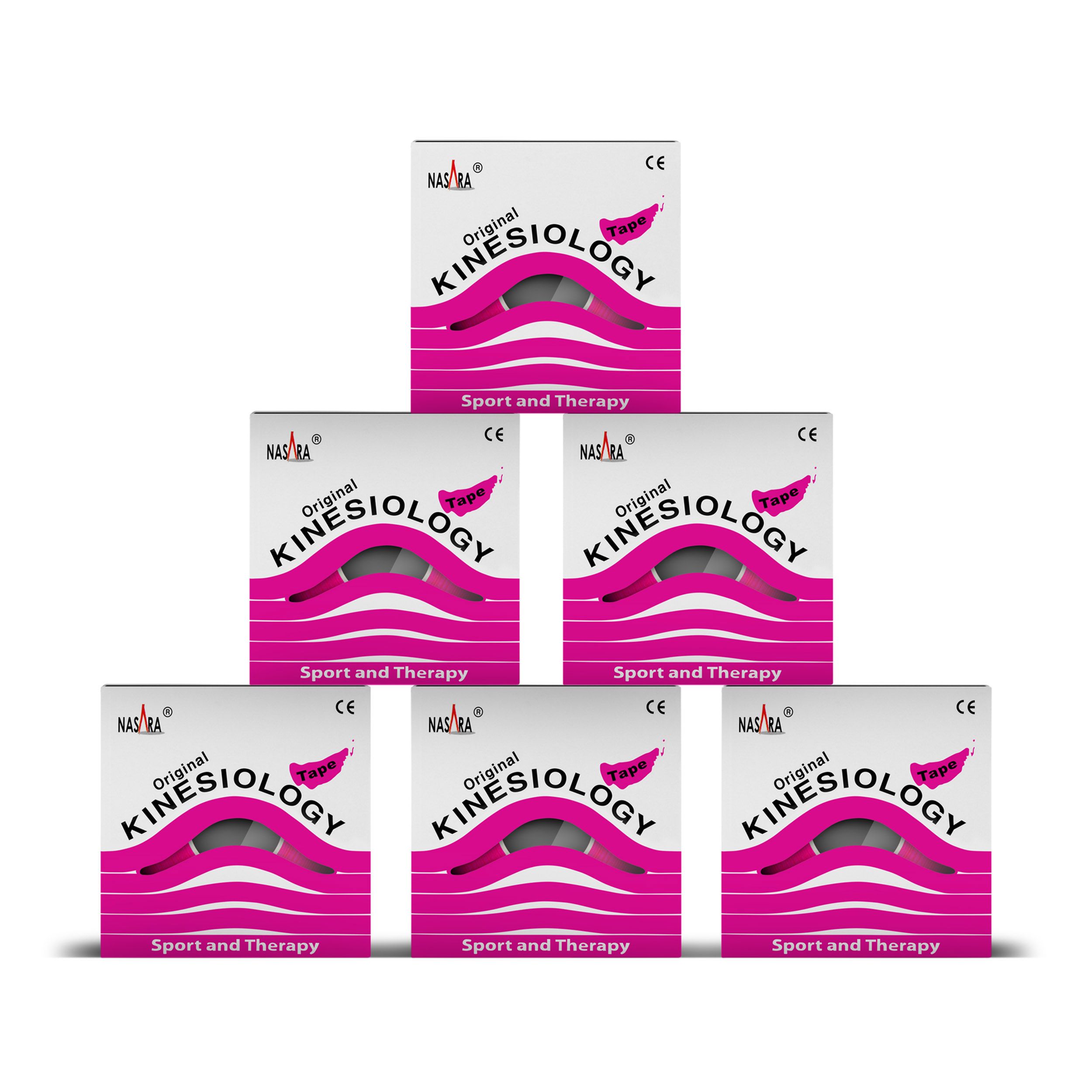 Sechs Boxen NASARA Kinesiologie Tape. Pinkfarbene Boxen mit Aufschrift. CE-Kennzeichnung. Sport und Therapie.