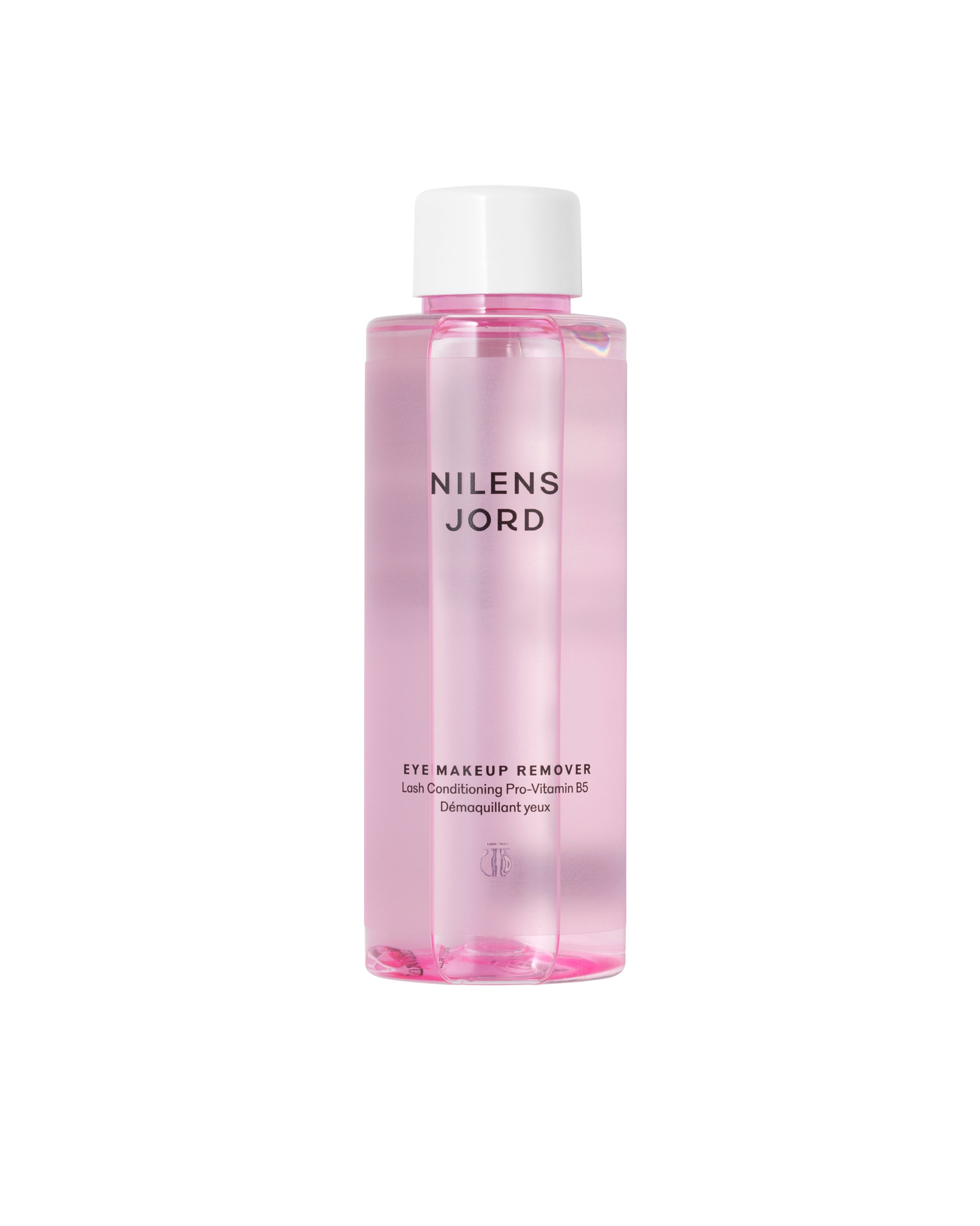 Nilens Jord Augen-Make-up-Entferner in klarer Flasche mit weißem Deckel. Mit Pro-Vitamin B5.