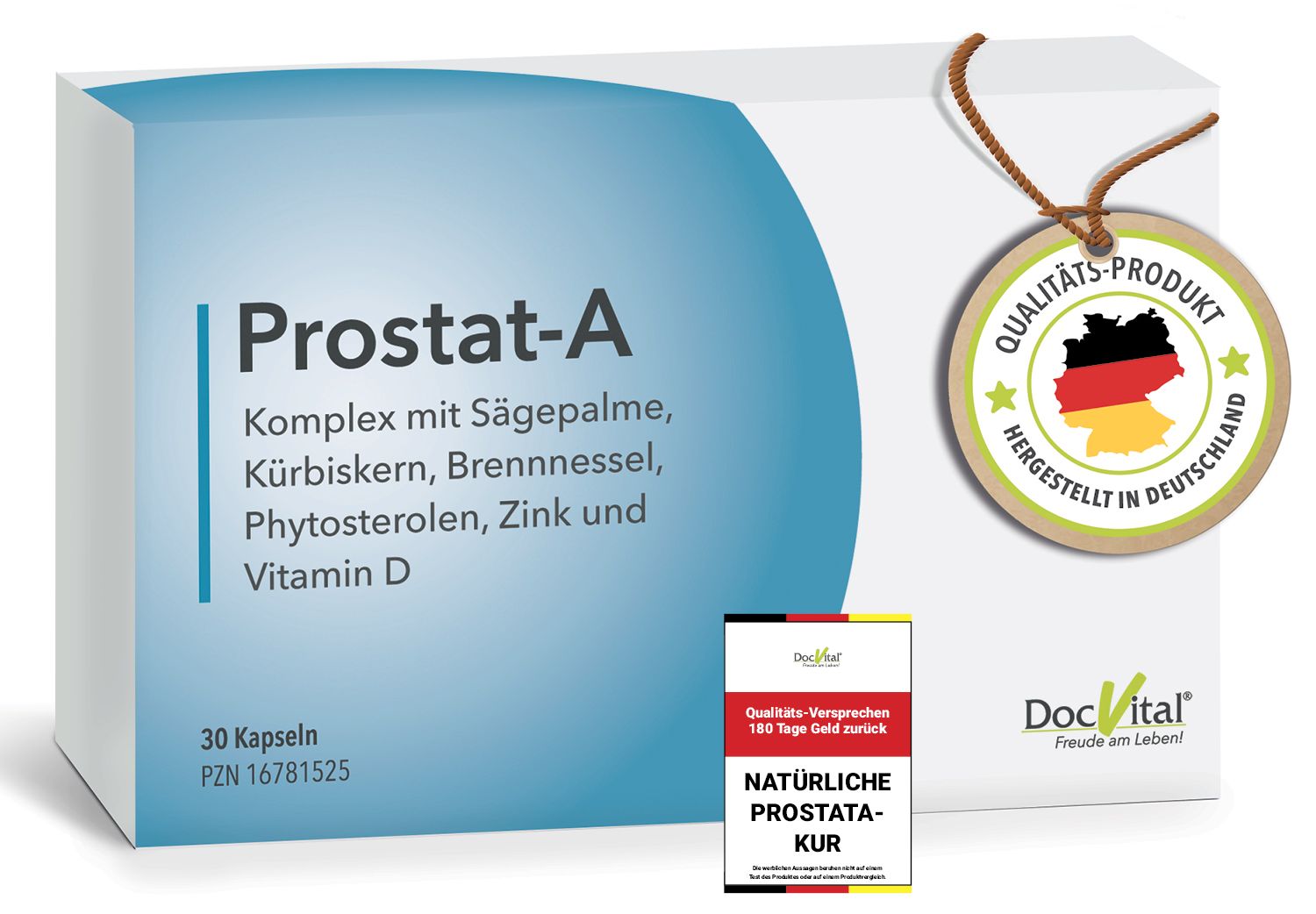 Produktverpackung mit Schriftzug "Prostat-A". Enthält Kapseln. Siegel "Qualitäts-Produkt" mit Deutschlandflagge. Kleines Produkt daneben.