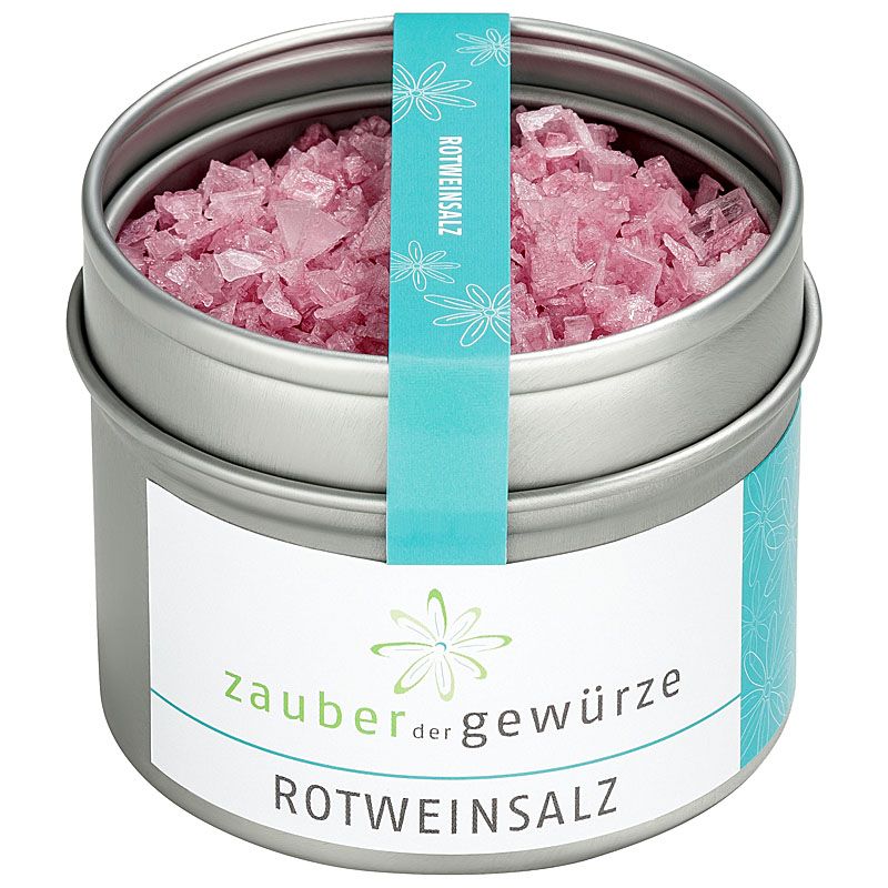 Runddose mit rosa Salz. Aufkleber mit Schriftzug 'Zauber der Gewürze Rotweinsalz'. Türkisfarbenes Band mit 'Rotweinsalz'.