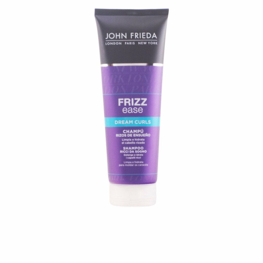 John Frieda Frizz Ease Dream Curls Shampoo. Lila Tube mit weißem Deckel. Text: Frizz Ease, Dream Curls, Shampoo.