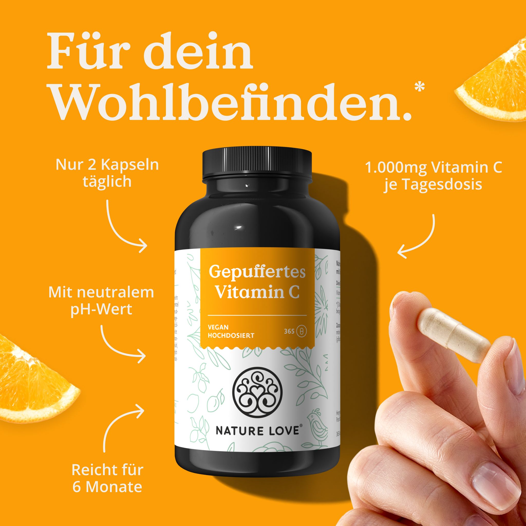 NATURE LOVE® Gepuffertes Vitamin C - Hochdosiert mit 1000mg Vitamin C je Tagesdosis - 365 Kapseln