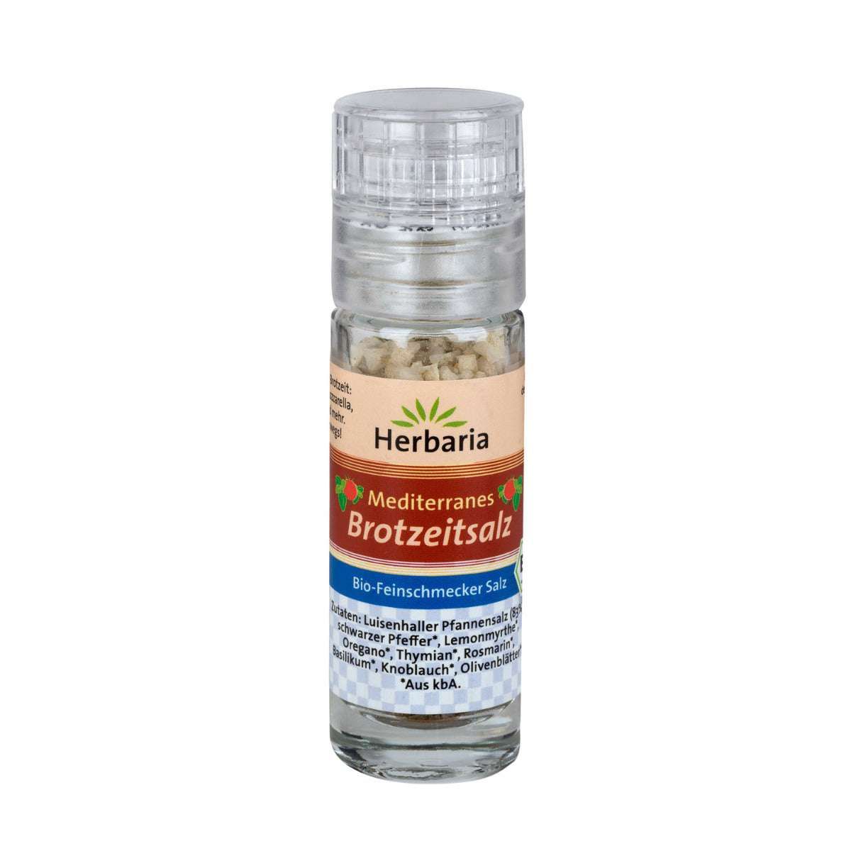 Glasflasche mit Salz. Aufschrift: Herbaria Mediterranes Brotzeit Salz. Bio-Feinschmecker Salz. Mit Kräutern.