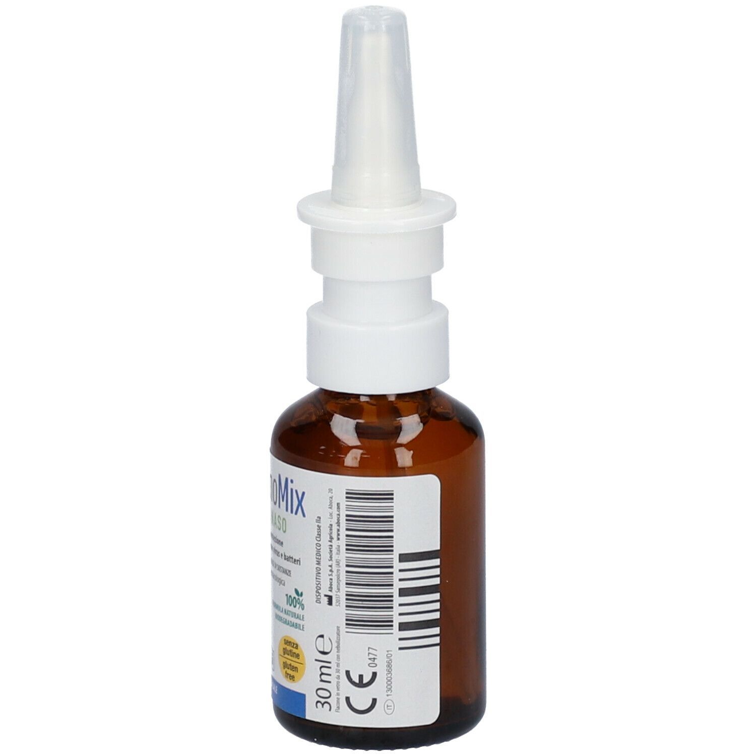 Flacone di vetro marrone con applicatore nasale. Etichetta con testo. 30 ml. Marchio CE.