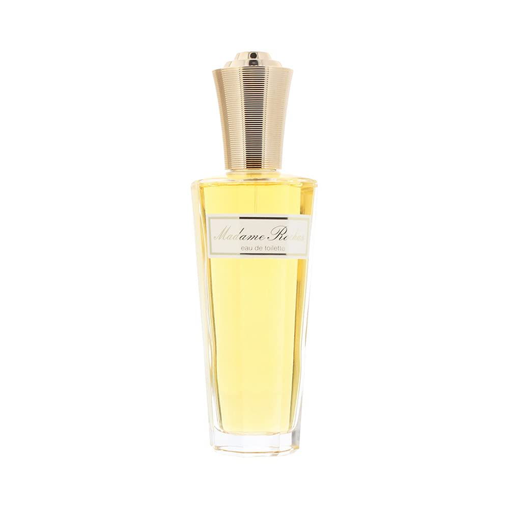 Parfümflakon mit goldfarbenem Verschluss. Aufschrift: Madame Rochas Eau de Toilette.
