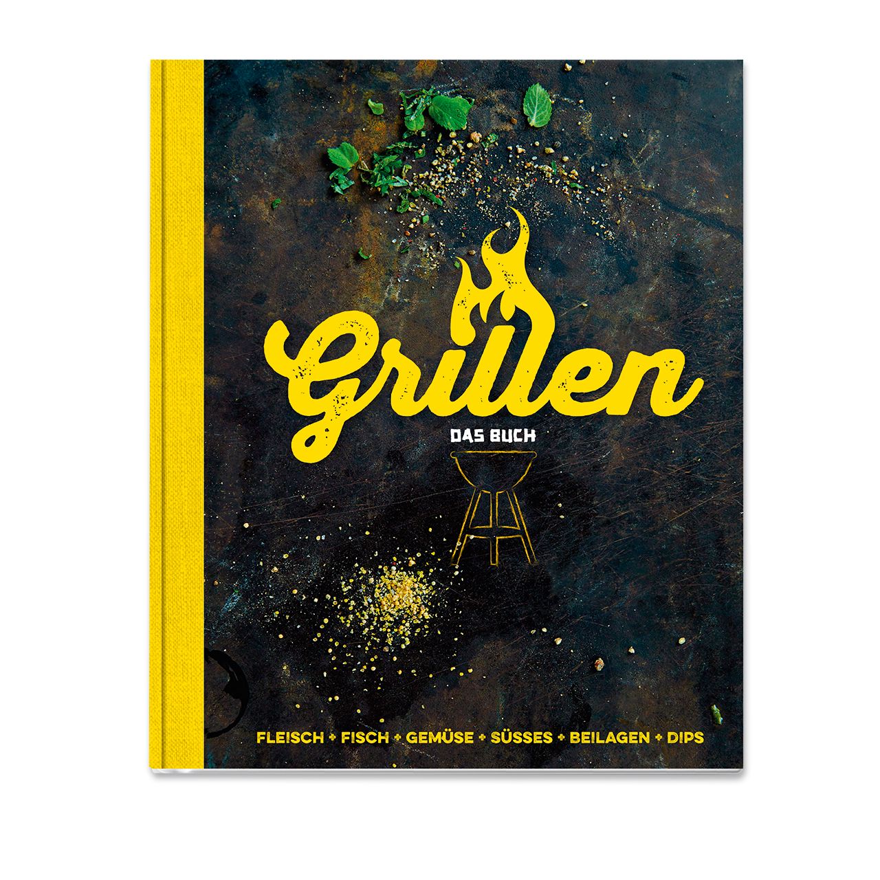 Buch "Grillen - Das Buch" mit gelbem Einband. Titel in Gelb, Abbildung eines Grills. Untertitel: Fleisch, Fisch, Gemüse, Süßes, Beilagen, Dips.