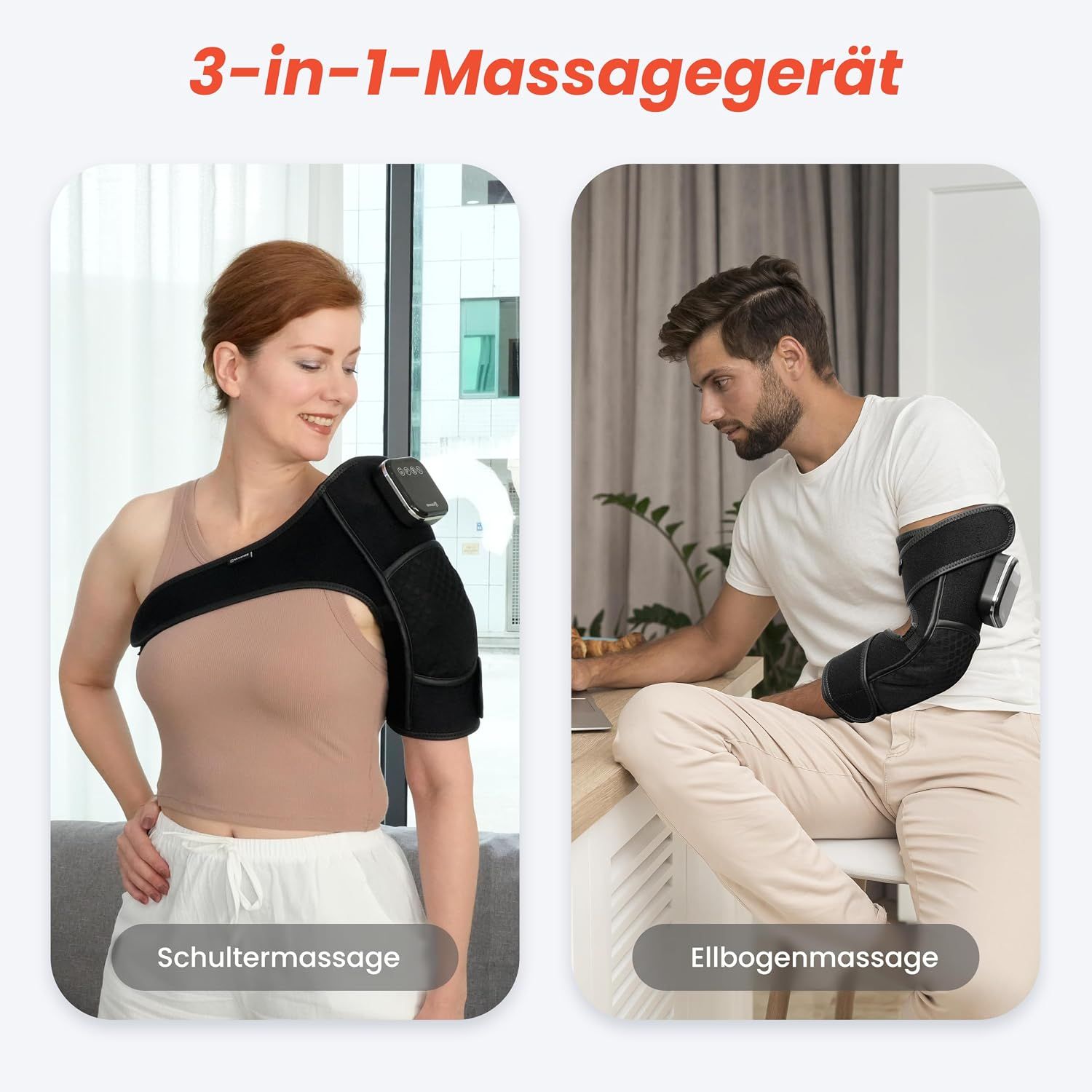 Schulter- und Ellbogenmassagegerät mit schwarzem Band und abnehmbarem Touch-Controller.