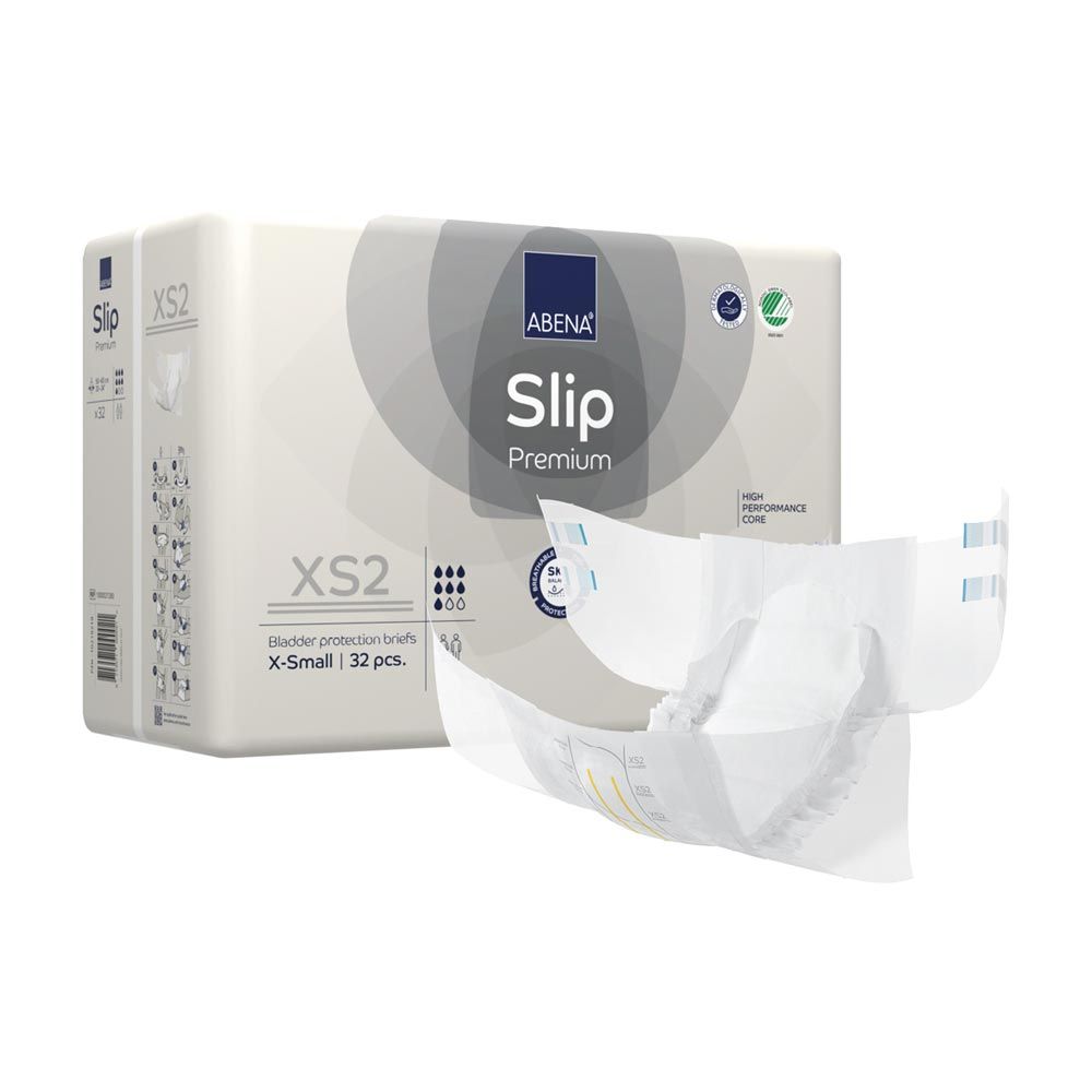 Abena Slip Premium XS2. Verpackung mit Inkontinenzvorlage. Produktname, Logo und Zertifizierungen sind sichtbar.