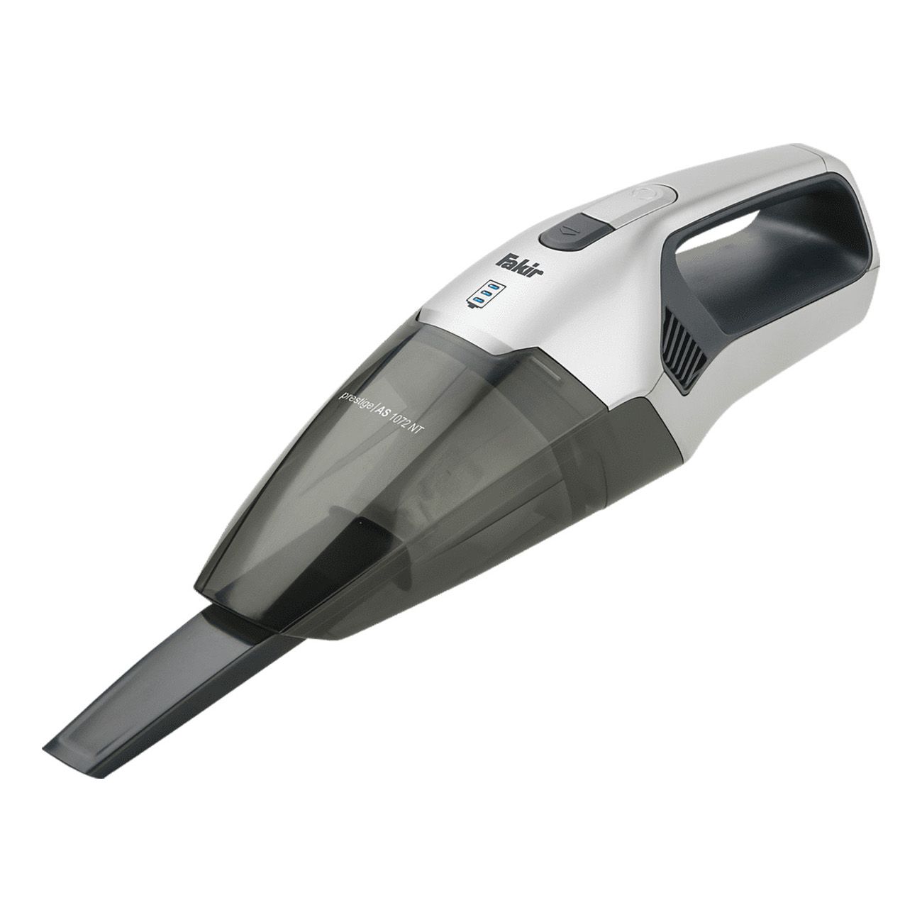 Handstaubsauger, silber-grau, mit schwarzem Behälter und Düse. Fakir-Logo und Modellbezeichnung AS 1072 LNT sichtbar.