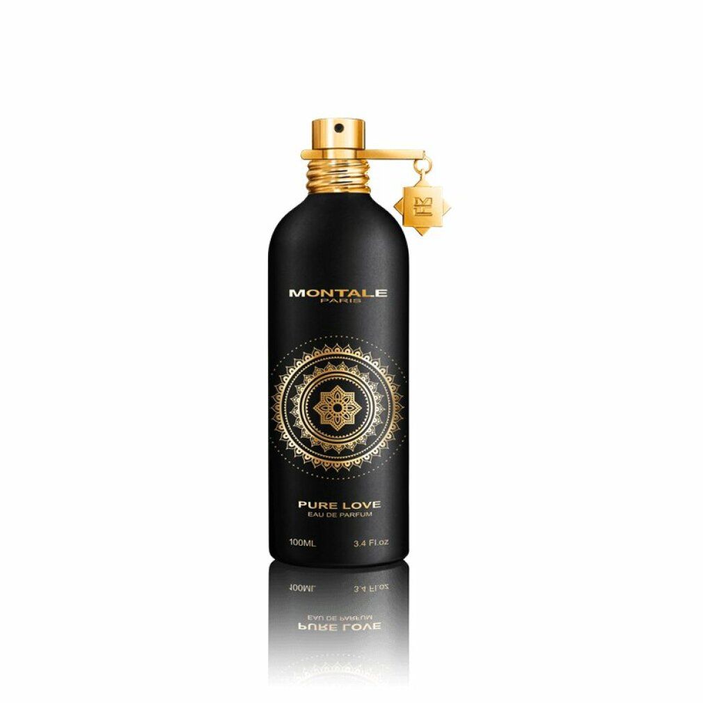 Schwarze Flasche mit goldenen Details. Aufschrift: MONTALE PARIS, PURE LOVE, Eau de Parfum. Goldener Zerstäuber.