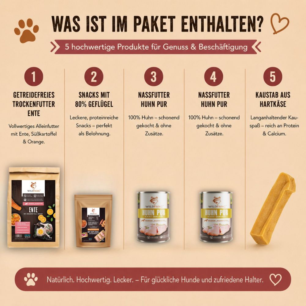 Inhalt des "Gockelliebe" Pakets: Trockenfutter, Snacks, Nassfutter, Kauartikel.