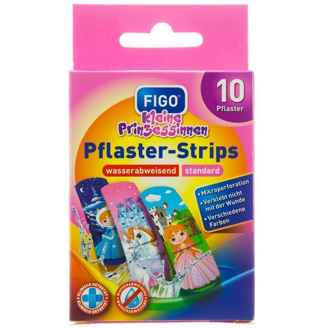 Rosa Packung FIGO Kleine Prinzessinnen Pflaster-Strips. Enthält 10 Pflaster. Verpackung mit Illustrationen von Prinzessinnen und Produktinformationen.