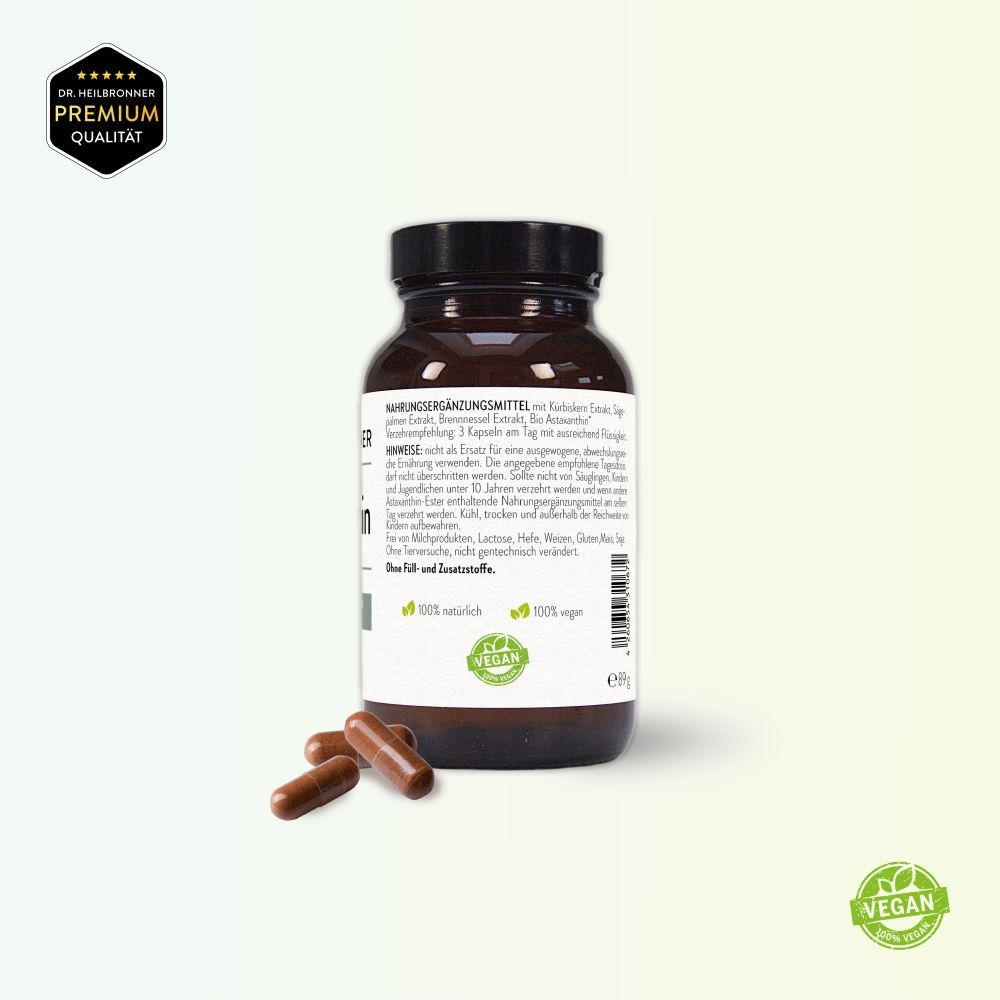Rückseite der braunen Glasflasche mit Astaxanthin FOR MEN Kapseln. Hinweise, Inhaltsstoffe, Herstellerinformationen. Vegan-Siegel.