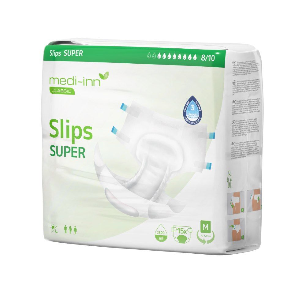 Verpackung Medi-Inn Slips SUPER. Weiße Inkontinenz-Slips, grüne und blaue Akzente. Tropfen-Symbol 8/10. Größe M. 15 Stück.