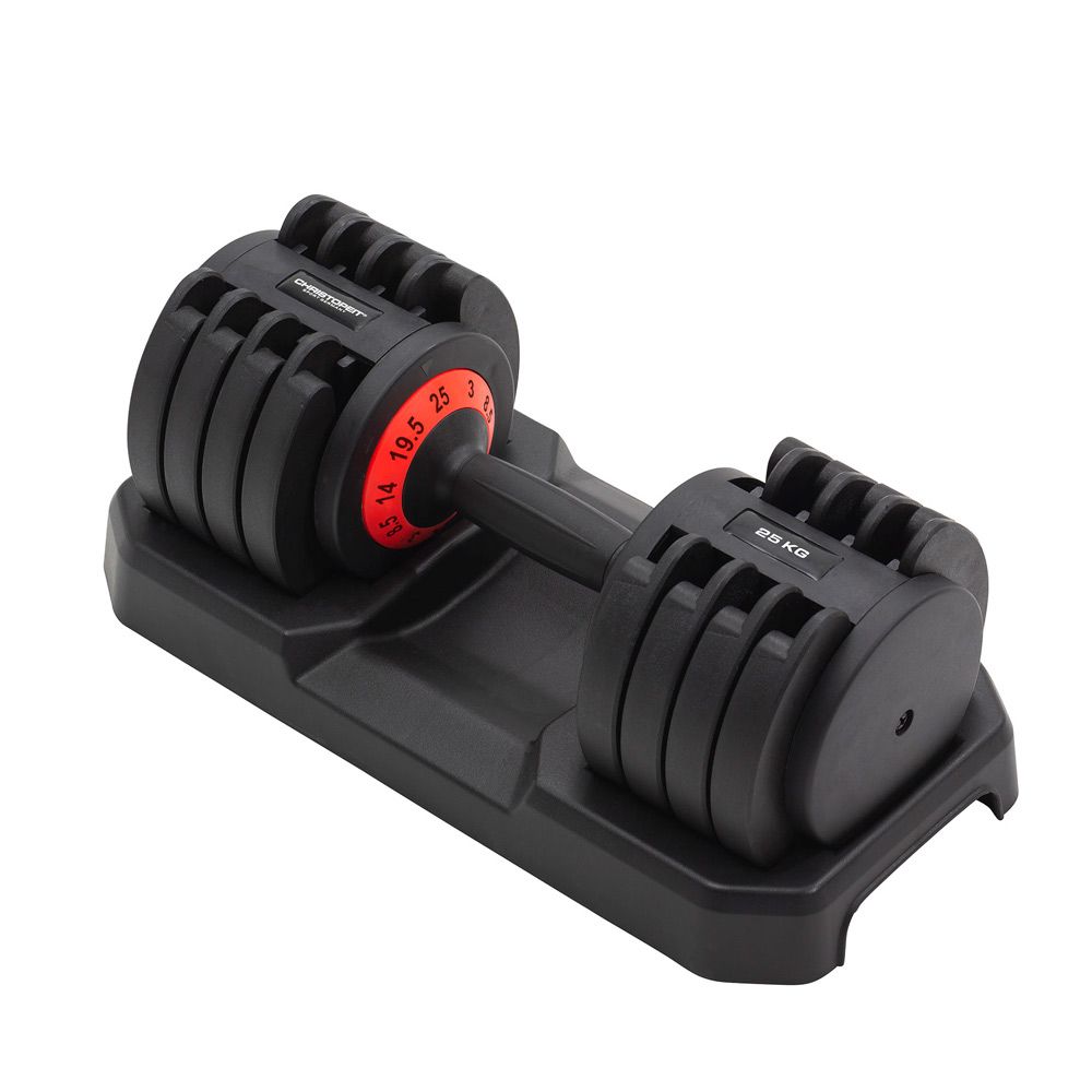 Schwarze Hantel mit roter Gewichtsanzeige. Auf schwarzer Basis. Gewicht: 25 kg. CHRISTOPEIT SPORT CS25.