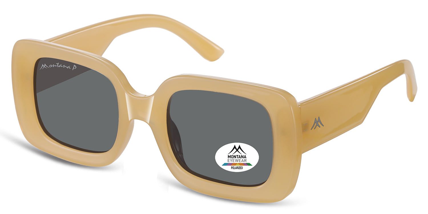 Beige Sonnenbrille, quadratische Gläser, Montana Eyewear Logo. Polarized-Aufkleber. Bügel seitlich.
