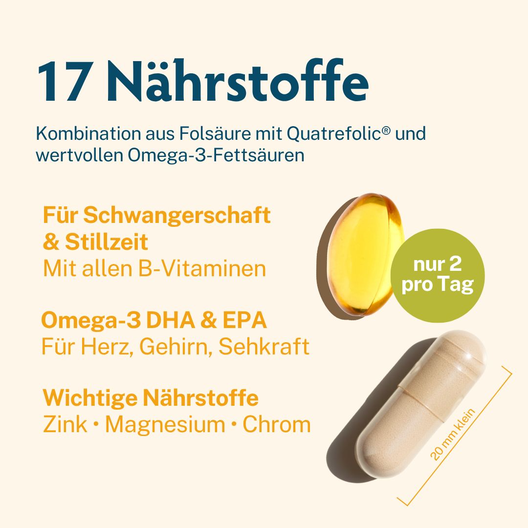 BabyFORTE Folsäure + Omega-3: Kapsel und Ölperle. 17 Nährstoffe, 2 Kapseln täglich.
