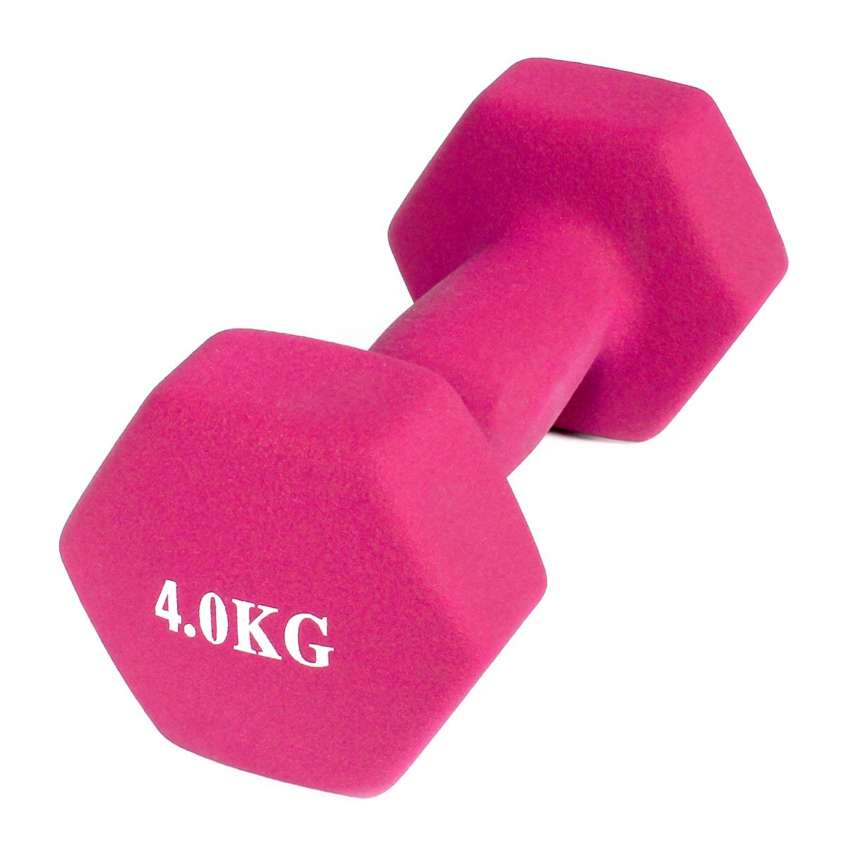 Einzelne pinkfarbene Kurzhantel mit Neoprenüberzug. Auf der Hantel steht '4.0KG'. Sechseckige Form.