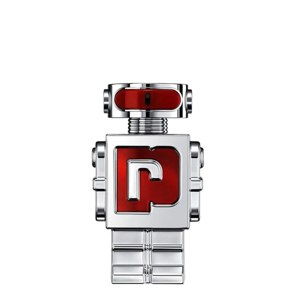 Silberfarbener Flakon in Roboterform mit rotem Akzent und dem Buchstaben P. Der Flakon hat einen roten Deckel.