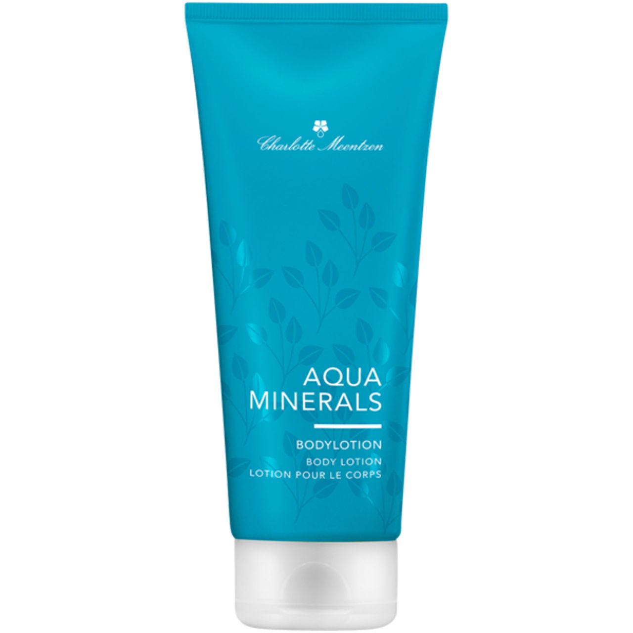 Türkisfarbene Tube mit weißem Verschluss. Aufschrift 'Aqua Minerals Bodylotion'. Marke: Charlotte Meentzen.